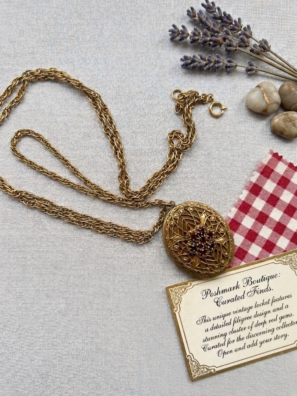 Vintage Gold Floral Locket Necklace with Garnet Accents